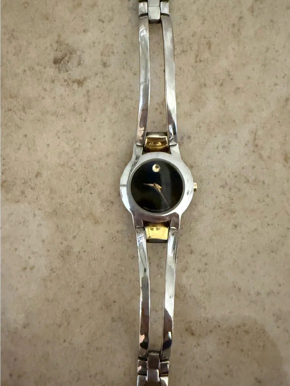 Movado Two-Tone Silver and Gold Bangle Watch with Black Dial